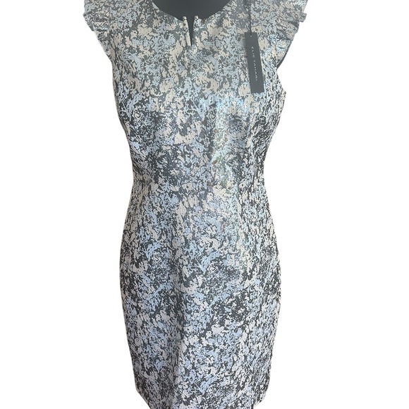 NWT Elie Tahari Metallic Baby Blue Silver & Cream Sheath Midi Dress Size 4 - Picture 2 of 11